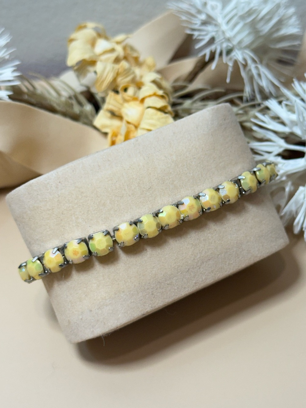 Vintage Yellow Rhinestone Tennis Bracelet Silver Tone Stretch Costume Jewelry